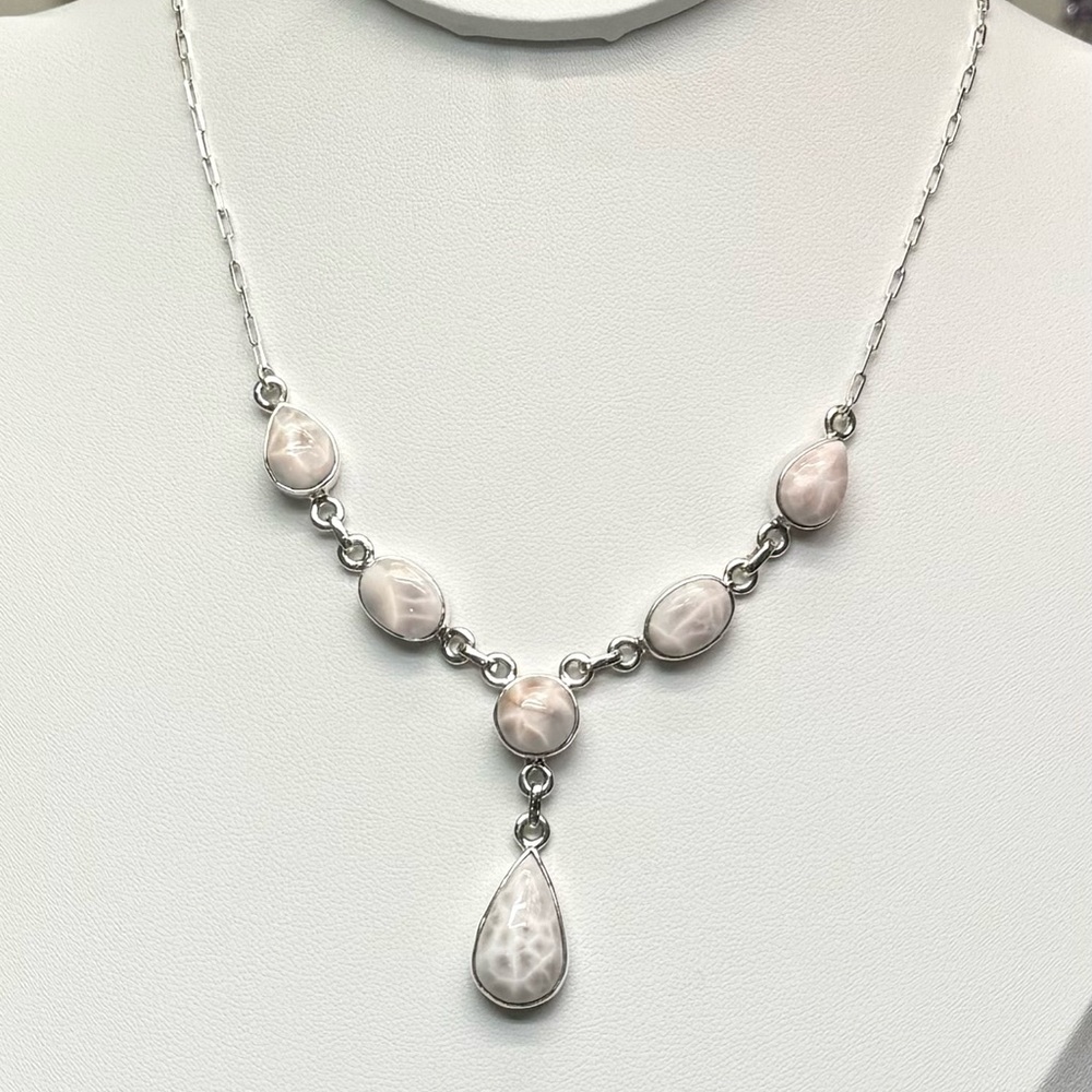 NLP1 Genuine Pink Larimar (Natrolite) Lariat Necklace Paperclip Necklace S925 - Picture 5 of 9